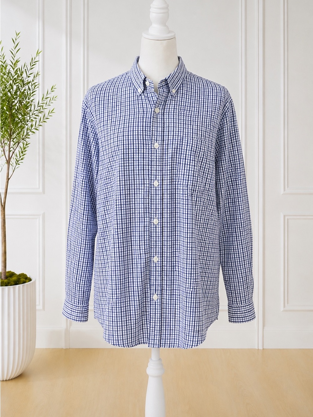 Ralph Lauren Stretch Poplin Blue White Check Button Down Shirt Men’s Medium
